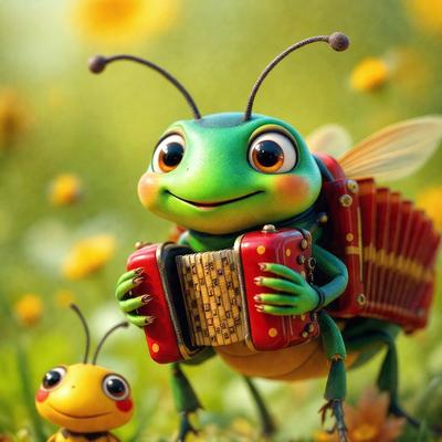 The primary subject of the image is a green insect, possibly a grasshopper or a beetle, holding a musical instrument. The insect is surrounded by a field of yellow flowers, creating a vibrant and lively atmosphere. The visual style of the image is a combination of photo and digital art, giving it a unique and creative appearance. The colors and mood of the image are predominantly yellow and cheerful, with the insect and flowers serving as the main focus of the scene.